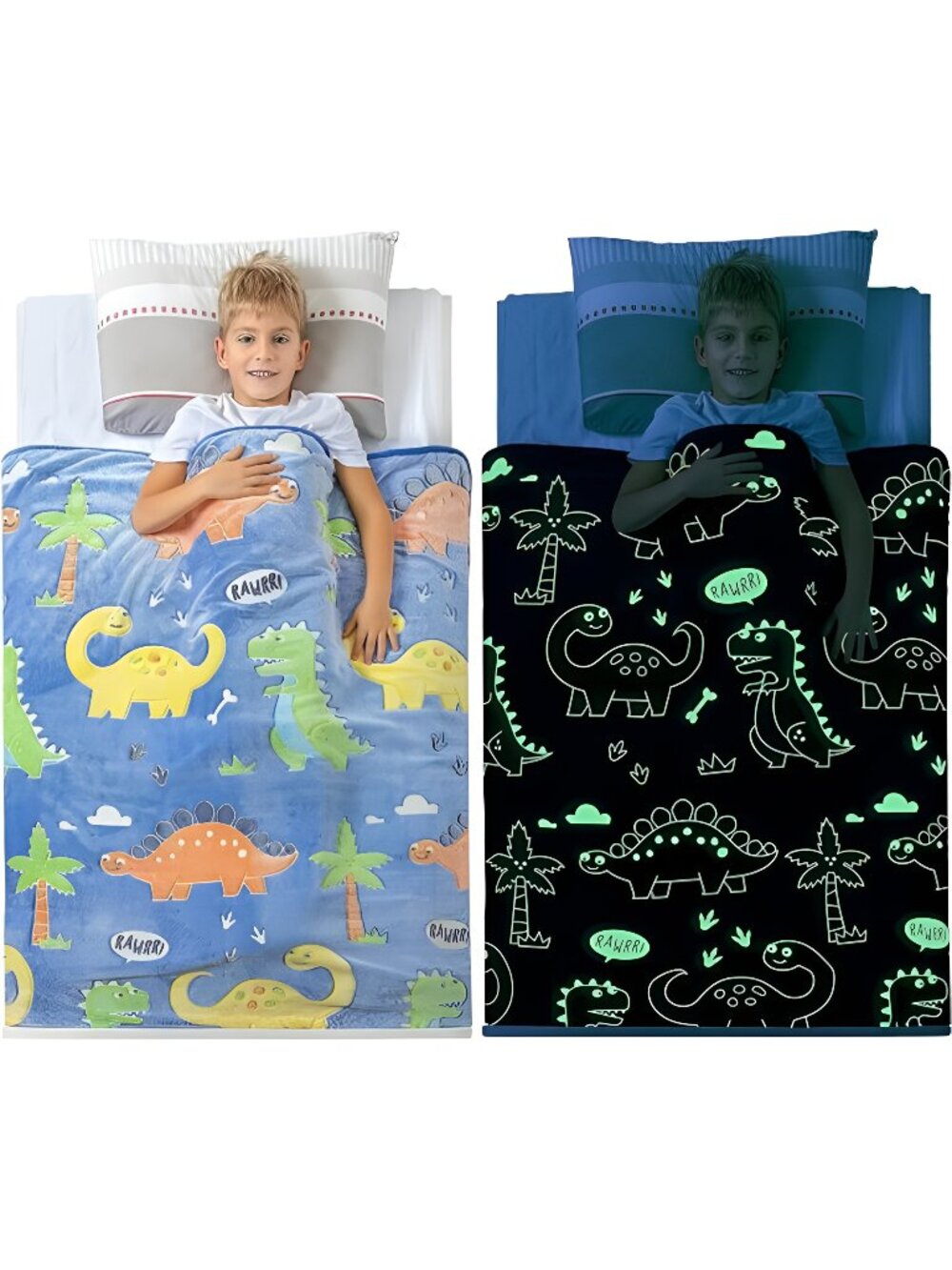 Glow in The Dark Dinosaur Blanket for Boys –Soft Plush Blue Fleece Throw Blanket
